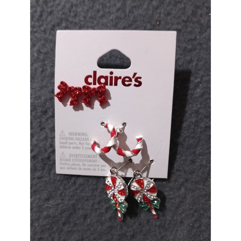 Claire's Christmas Holiday Earrings Set 3 Pair Red Bow Candy Cane Lollipop Studs